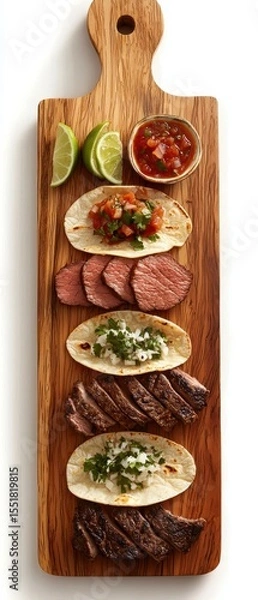 Obraz Grilled Beef Tacos with Fresh Salsa and Lime on Wooden Board