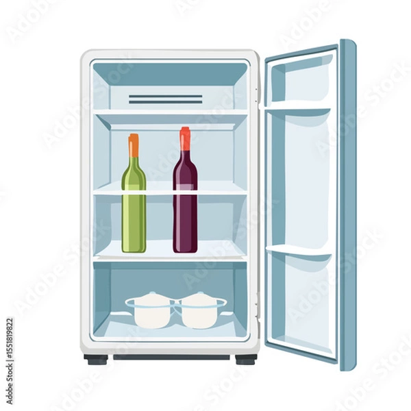 Obraz Illustration of an open refrigerator containing wine bottles and covered containers