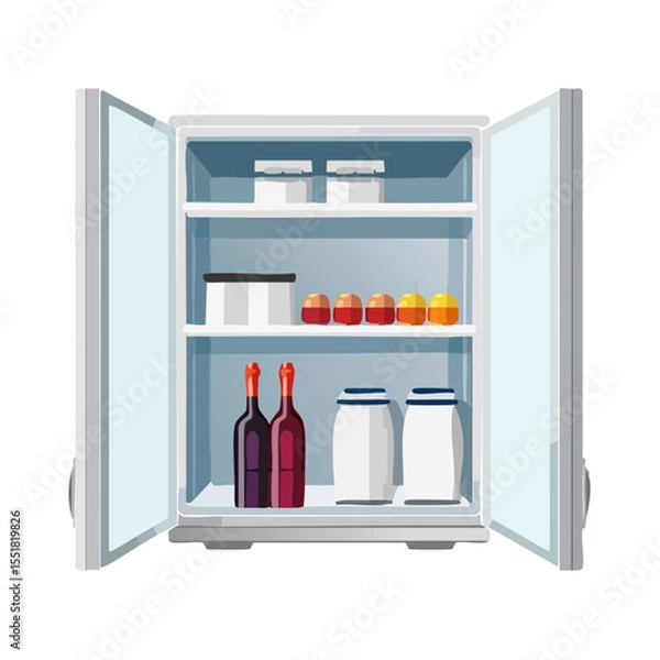 Obraz Fridge with food and drinks, wines, jars, boxes and fruits