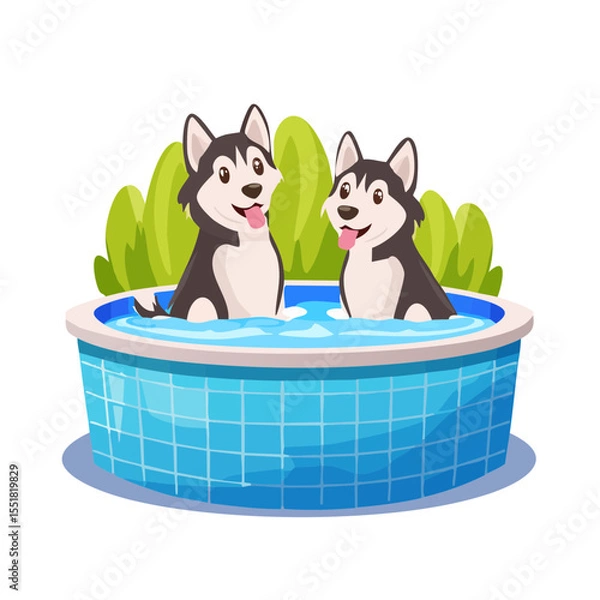 Obraz Two Huskies Enjoying a Relaxing Swim in a Pool on a Summer Day