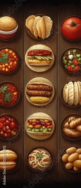 Obraz Colorful Variety of Delicious Foods on Wooden Table Surface