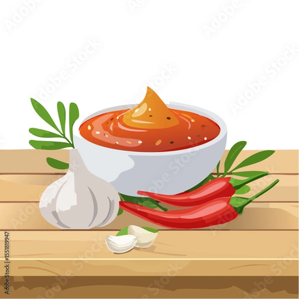 Obraz Spicy Sauce with Garlic and Chili Peppers on Wooden Table