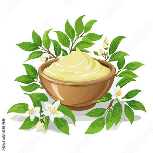 Obraz Shea Butter Cream in Bowl with Flowers and Leaves