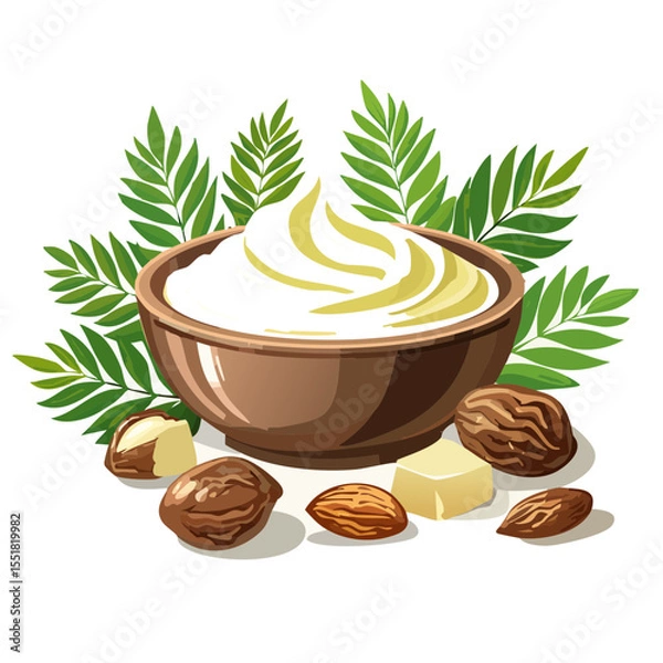 Obraz Shea butter in bowl with nuts and leaves illustration for cosmetics industry