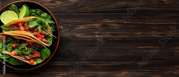 Obraz Fresh Tacos with Beef, Vegetables, and Lime on Rustic Wooden Table