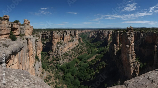 Fototapeta Panoramic View of a Deep Canyon with Steep Rocky Walls and Lush Green Valley Below under a Blue Sky