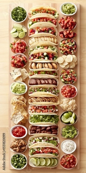 Obraz Colorful Assortment of Tacos and Dips on Wooden Platter
