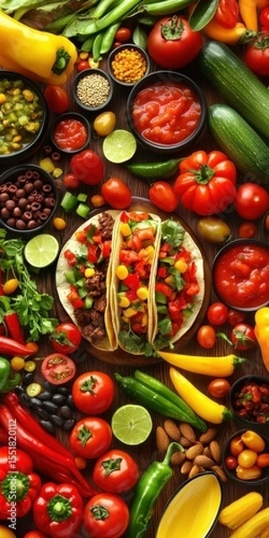 Obraz Colorful Spread of Fresh Vegetables and Tasty Tacos on Wooden Table