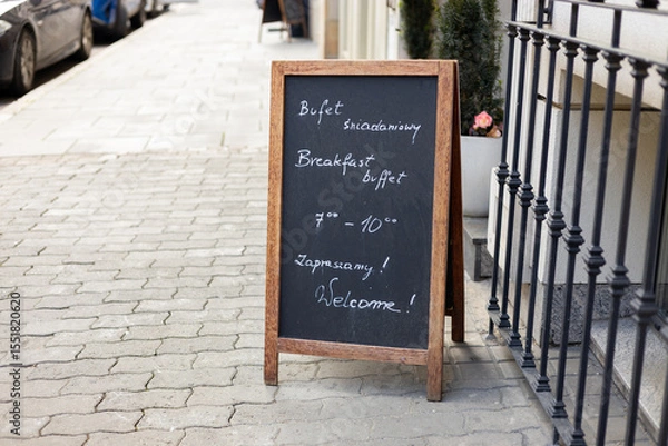 Obraz Cafe sign with text in an old European city. Restaurant sidewalk chalkboard sign board. Old Black Signboard on the street. Blank store signage sign design