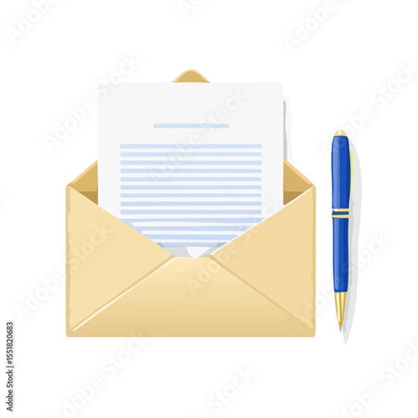 Obraz Open Envelope with Letter, Notepad, and Pen Illustration