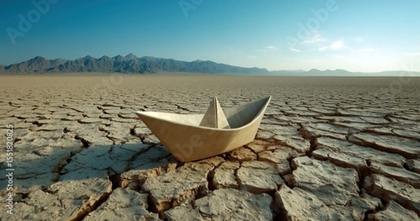 Fototapeta Un bateau en papier échoué dans un lac asséché représentant une illusion d'eau dans un paysage aride et désertique, concept de réchauffement climatique.