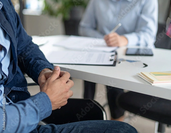 Obraz Professional HR photography of job interview with disabled candidate, natural office lighting, authentic professional conversation, accessible interview setup visible, interviewer and candidate's hand