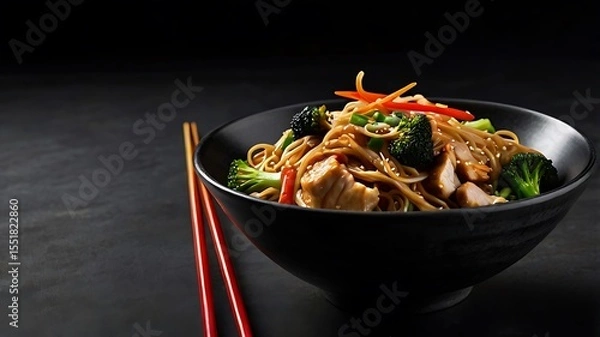 Obraz A delicious bowl of chicken and vegetable noodles is presented with chopsticks on a dark background