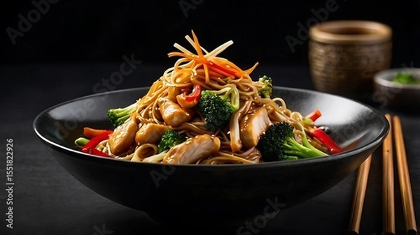 Obraz A delicious bowl of chicken and vegetable noodles is presented with chopsticks and side dishes