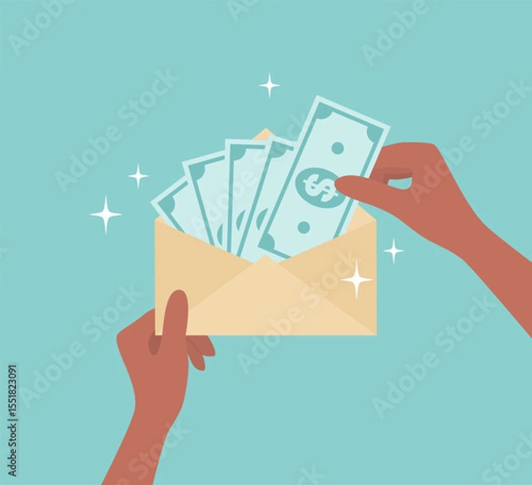 Fototapeta Hands with brown skin tone taking out banknotes from a golden envelope. Flat vector illustration