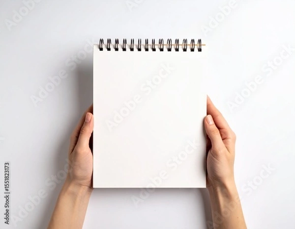 Fototapeta Blank Spiral Notebook in Hand – Top View on White Background

