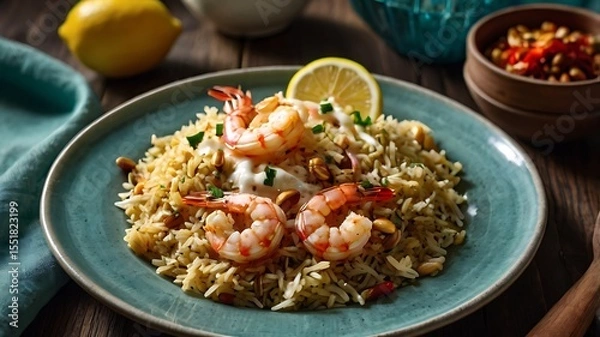 Obraz Shrimp biryani on teal plate with creamy drizzle fried onions pine nuts lemon and dill on rustic wood table setting