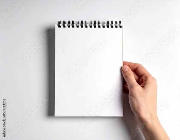 Fototapeta Blank Spiral Notebook in Hand – Top View on White Background

