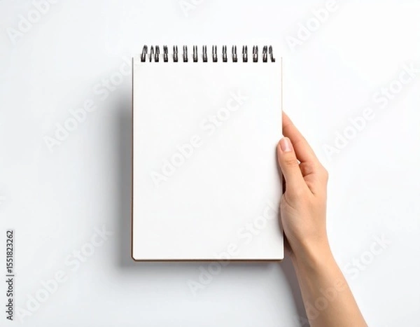 Fototapeta Blank Spiral Notebook in Hand – Top View on White Background

