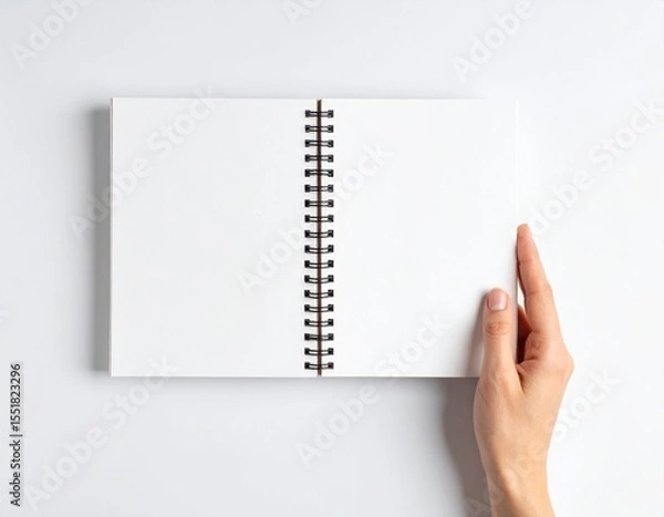 Fototapeta Blank Spiral Notebook in Hand – Top View on White Background

