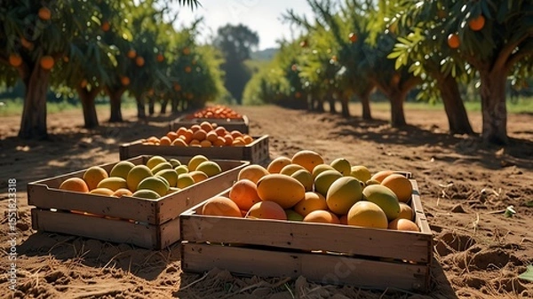 Obraz Close-up of ripe mangoes in orange plastic crates placed on sunlit orchard soil with soft shadows and natural texture