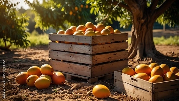Obraz Freshly harvested mangoes in orange plastic crates resting on orchard ground with sunlit trees and soil textures around
