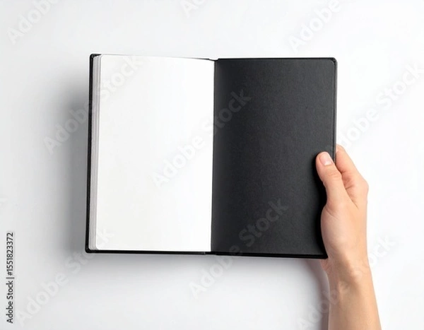 Fototapeta Blank Spiral Notebook in Hand – Top View on White Background

