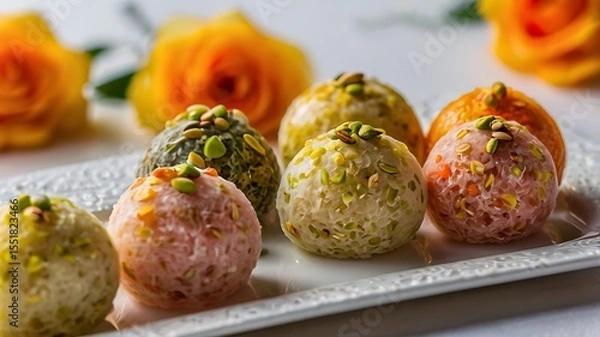 Obraz Close-up of colorful Indian sweets including barfi ladoo and pastries arranged on white plate in bright even lighting