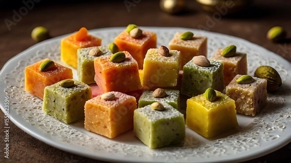 Obraz Assorted Indian sweets with colorful textures served on clean white rectangular plate under bright soft light