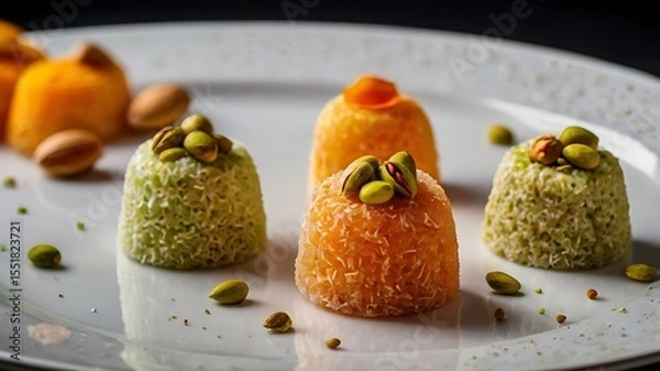 Obraz Colorful Indian sweets including barfi ladoo and nut desserts placed on white plate with festive textures and hues