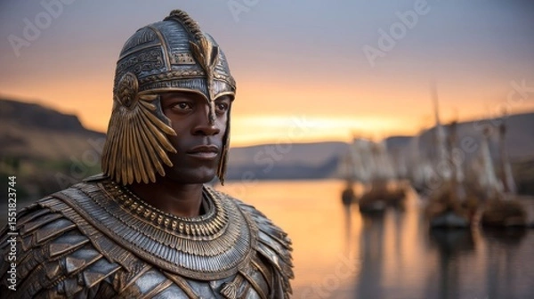 Fototapeta Portrait of an Egyptian Warrior in Ornate Armor Against a Sunset with Ancient Ships on the River