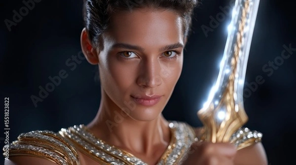 Fototapeta Portrait of an Egyptian Warrior with a Shining Sword Exuding Strength and Determination in a Dark Atmosphere