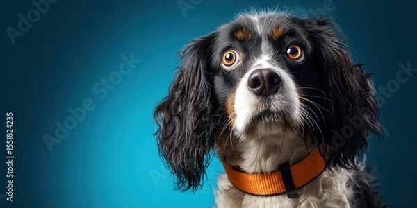 Fototapeta Portrait d'un adorable chien aux grands yeux expressifs, poils noirs et blancs, portant un collier orange sur fond bleu, regardant droit vers l'objectif avec étonnement, image avec espace pour texte.