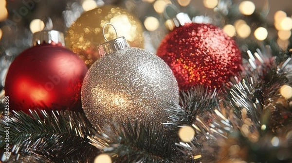Fototapeta 3D render of tinsel and glitter decorations