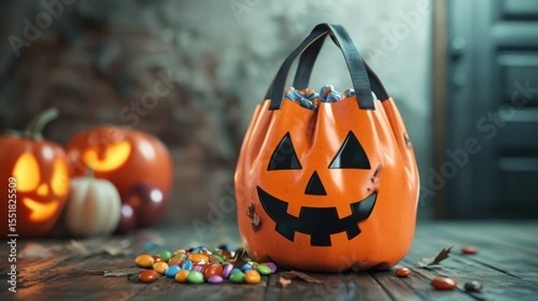 Fototapeta 3D render of trick-or-treat bag with candy