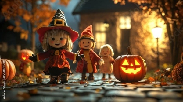Fototapeta 3D render of trick-or-treaters in costume