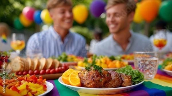 Fototapeta Two Men Enjoying a Colorful Pride Picnic with Rainbow Table Setting and Festive Atmosphere