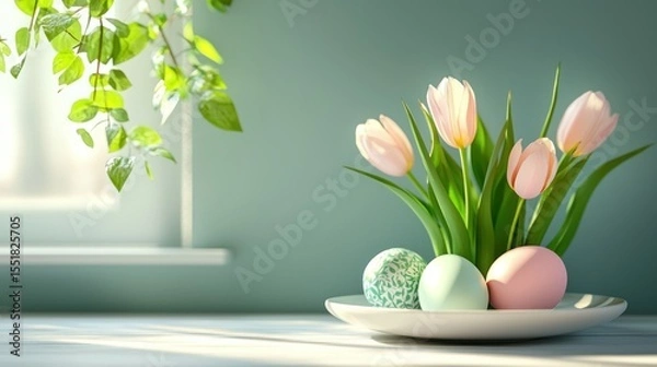 Fototapeta 3D render of tulips and eggs on white plate
