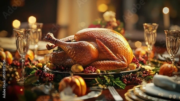 Fototapeta 3D render of turkey centerpiece with utensils