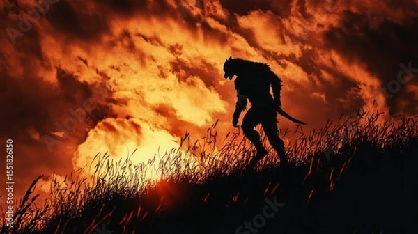 Fototapeta 3D render of werewolf silhouette on hill