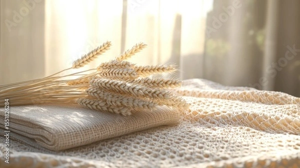Fototapeta 3D render of wheat bundle and tablecloth