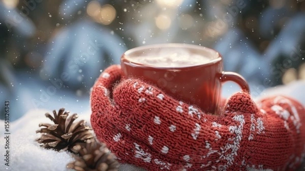 Fototapeta 3D render of winter mittens and cocoa