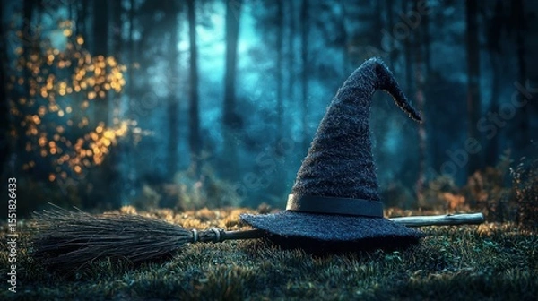 Fototapeta 3D render of witch hat and broomstick