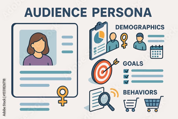 Obraz Audience persona analysis: demographics, goals, behaviors illustrated with icons