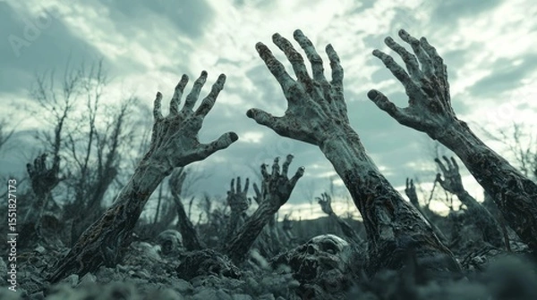 Fototapeta 3D render of zombie hands rising from ground