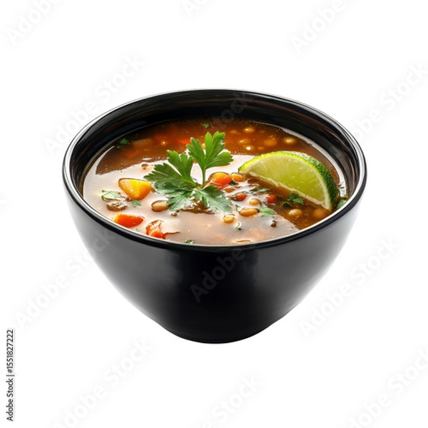 Fototapeta Delicious Lentil Soup in a Black Bowl with Lime and Parsley Garnish