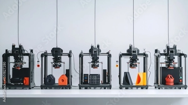 Fototapeta 3D lineup of 3D printers producing components on white background