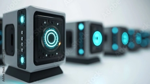 Fototapeta 3D lineup of AI-powered defect detectors on white background