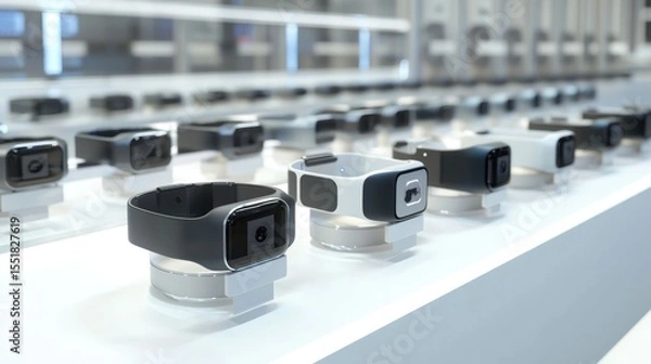 Fototapeta 3D lineup of assembly line for wearable electronics on white background