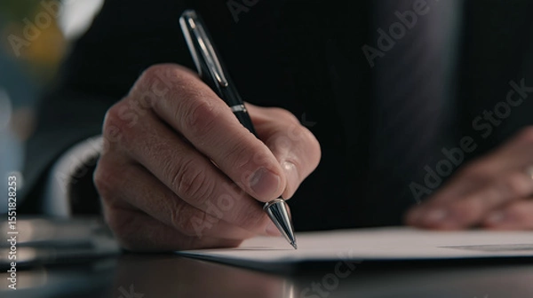 Obraz A close-up image of a businessman’s hand holding a pen and signing a document, or business decisions. The focus on the hand and pen highlights the importance.